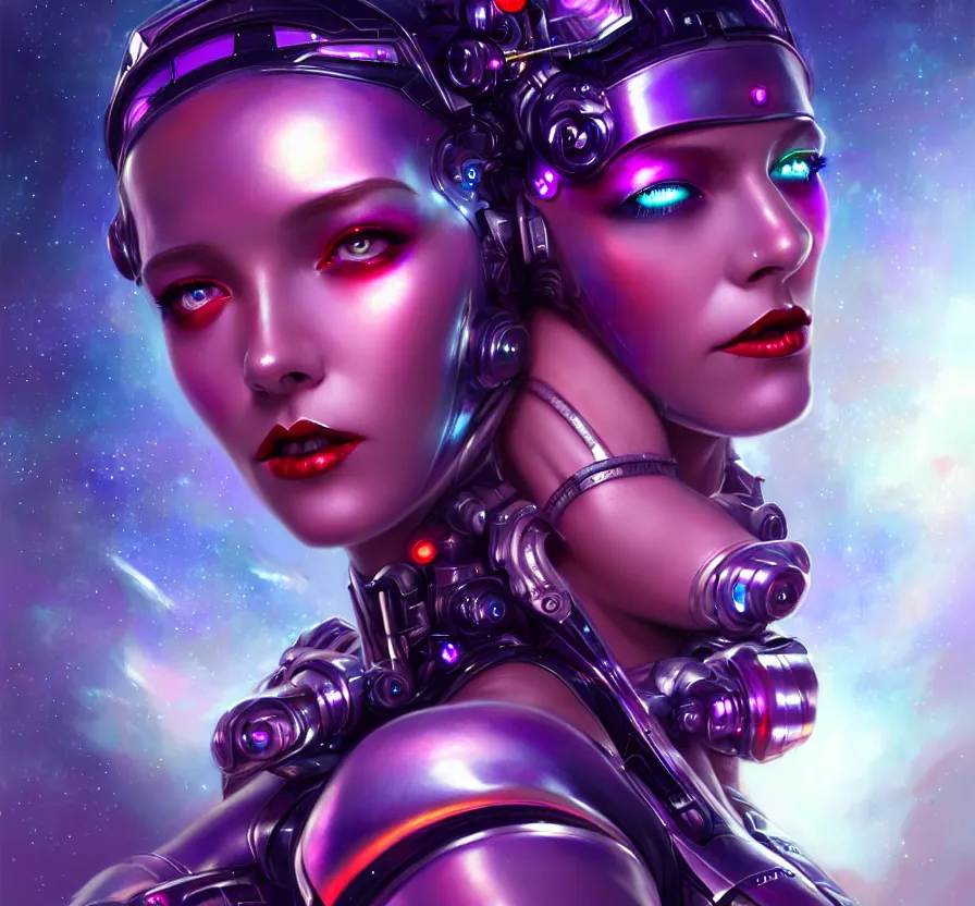 Image similar to cyber female with purple mechanic eyes and red lips and metallic skin, face, sci - fi, metal, constellation cyberpunk city on background, breathtaking stars, elegant, highly detailed, digital painting, artstation, concept art, smooth, sharp focus, spiritual art, art by artgerm and greg rutkowski and alphonse mucha, psychedelic, illustration,