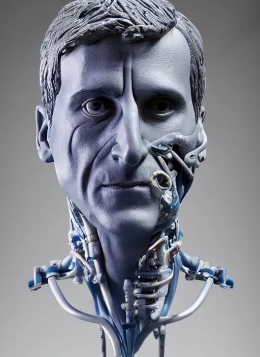 Image similar to a bust sculpture of anatomical detailed cyborg, steve carell, blue blood, become human, ceramic base, orthographic, studio lighting