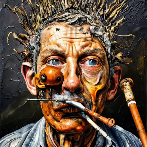 Image similar to an extreme close up portrait a wizard smoking a pipe, front angle, by Lucian Freud and Jenny Saville and Anselm Kiefer, oil painting, rust, Scaffolding, rusted metal and sunflowers, iron cladding, decay, mixed media, textured, anatomically correct, beautiful perfect face, visible brushstrokes, sharp focus, Highly Detailed, Cinematic Lighting, 8k, HD