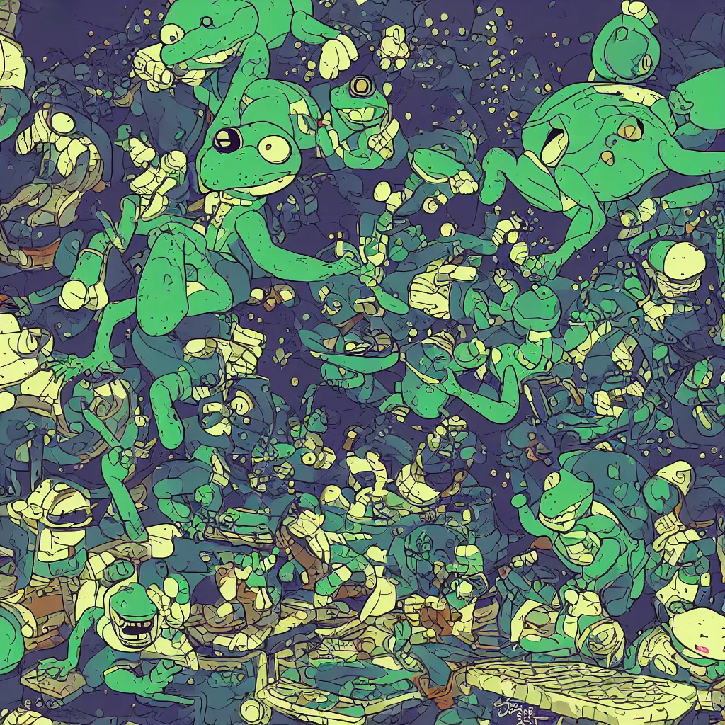 Image similar to toads, deconstructed amphibian, ryuta ueda artwork, breakcore, style of jet set radio, y 2 k, gloom, space, cel - shaded art style, indigo rainbow, data, minimal, code, cybernetic, dark, eerie, cyber