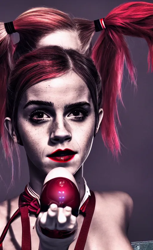 Image similar to Emma Watson as Harley Quinn, glowing, dramatic, cinematic, Sony a7R IV, symmetric balance, polarizing filter, Photolab, Lightroom, 4K, Dolby Vision, Photography Award