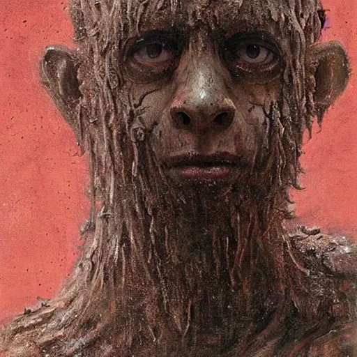 Image similar to painting by jakub rozalski of a muddy rooted humanoid creature with a big hole in the head. half body closeup