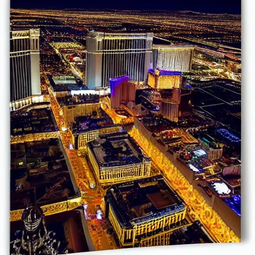 Image similar to The Las Vegas strip at night from above, by Caravaggio