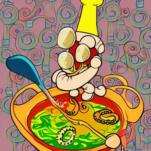 Image similar to occult anthropomorphic octopus chef cooking a delicious colorful soup, digital paintingl