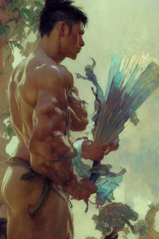 Image similar to attractive muscular man, short hair, wuxia, colorful, painting by gaston bussiere, craig mullins, greg rutkowski, alphonse mucha