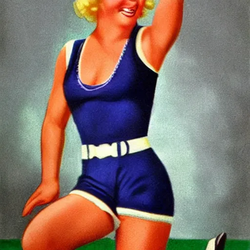 Image similar to a 1 9 3 0 s ultra - realistic color portrait. happy, healthy, beautiful, smiling, young, sporty, blonde, blue - eyed symmetric liz taylor in decent athletic wear. hyper - realistic detailed drawing