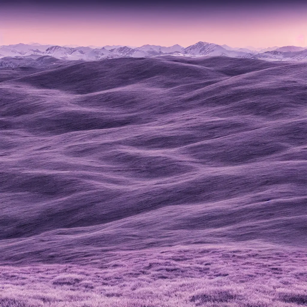 Prompt: steppes of white grass, shadowed mountains in the horizon, black sky with an everlasting purple dusk, etheral, epic, highly detailed, high resolution, 4 k, 8 k, hyperrealistic landscape