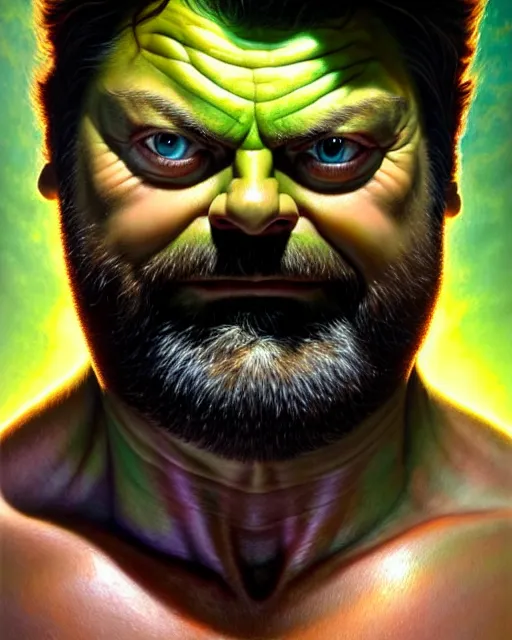 Prompt: detailed portrait of nick offerman as hulk! by tomasz alen kopera and peter mohrbacher and johanna martine! and margaret keane! coherent luminescent