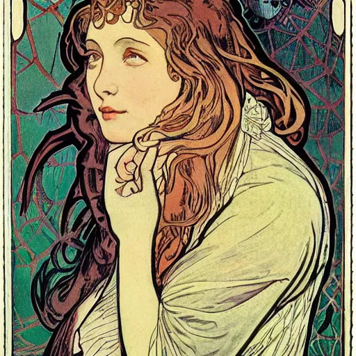 Image similar to a girl with a spider, colored woodcut, flat pastel colors, by Mackintosh, by Alfons Mucha, art noveau, by Gustave Dorè