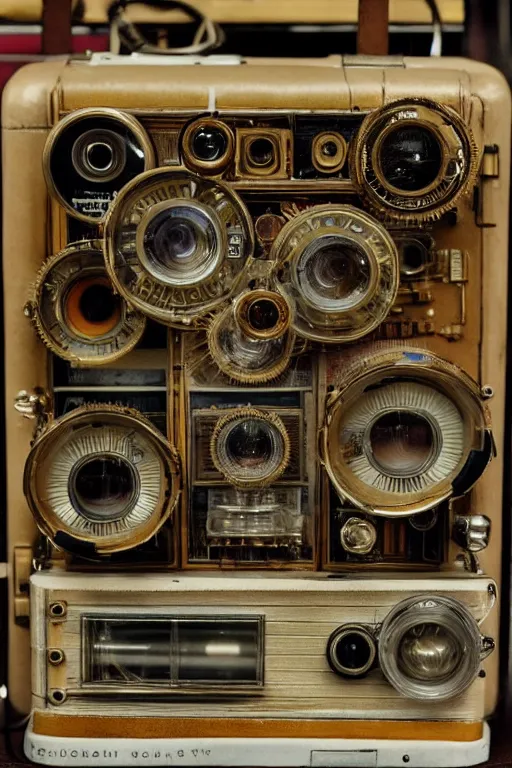 Image similar to a photo taken by someone who doesn't know how to use a camera, the most complex kodak camera ever made with vacuum tubes, capacitors and coils inside, through a dirty store window by Wes Anderson, grungy, weathered Ultra detailed, hyper realistic, 4k