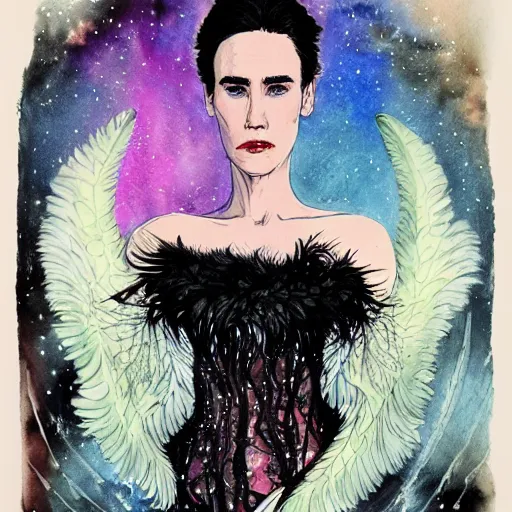 Prompt: detailed colorful watercolor of jennifer connelly as odile the black swan, disney villain, black feathers instead of hair, black feathers growing out of skin, shapeshifting, black feathers growing out of face, floating in zero gravity on spacecraft, science fiction, highly detailed, david mack, trending on artstation