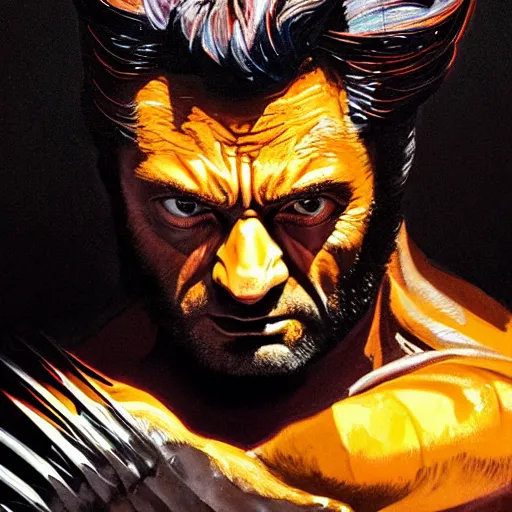 Prompt: wolverine starring into the camera, fixed eyes, flowing black coat with glowing neon yellow, colorful, surreal, dramatic lighting, face, detailed, intricate, elegant, highly detailed, digital painting, artstation, chalk, concept art, smooth, sharp focus, illustration, art by sam spratt, dan mumford, artem demura and alphonse mucha