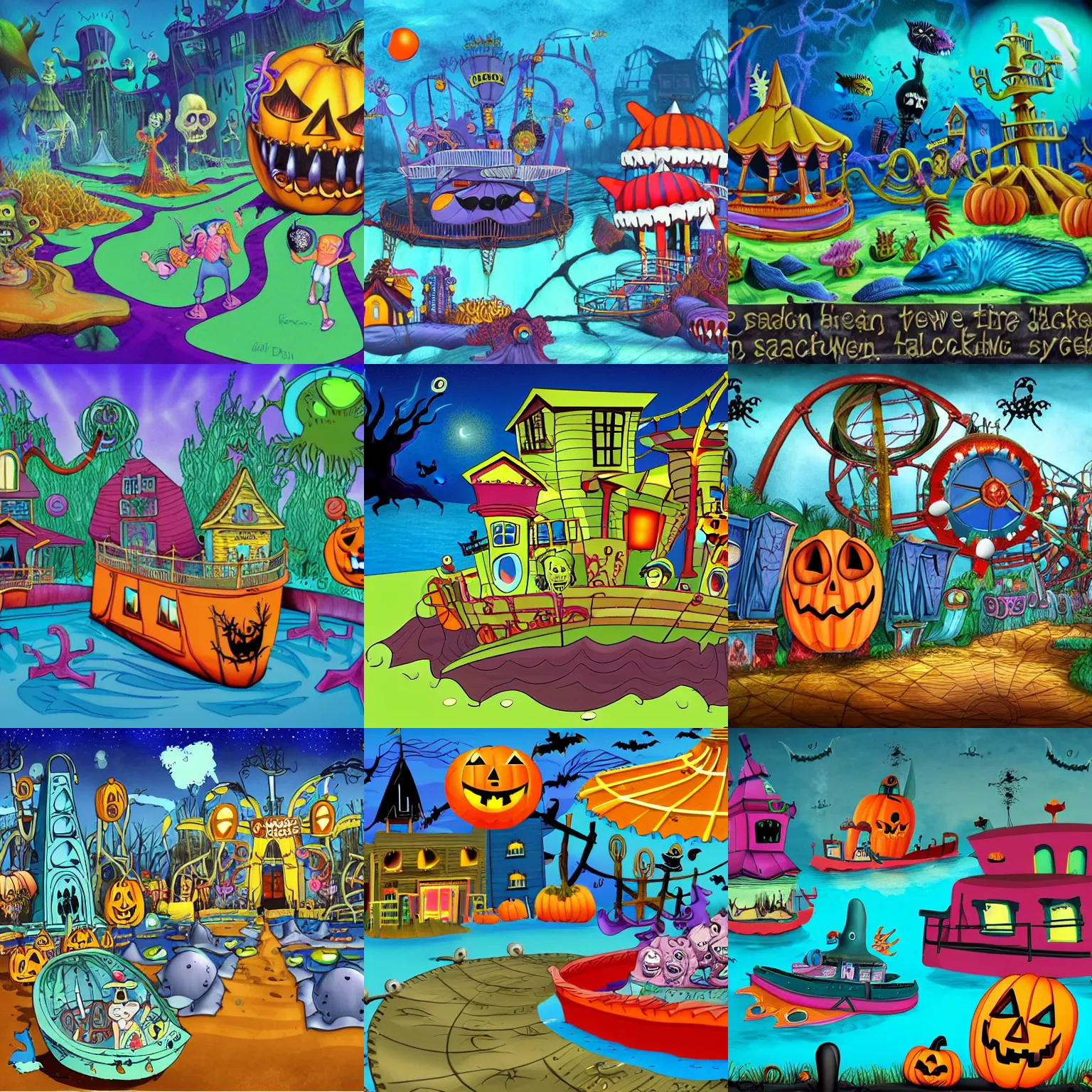 Prompt: screenshot for a cartoon that takes place on a horror based suburban underwater amusement park that incorporates darker halloween and ocean elements in its design imagery and features wacky housing, halloween decorations, atlantis, shipwrecks, spooky, amusement park attractions, deep sea, horror themed, fun, in the style of tim burton