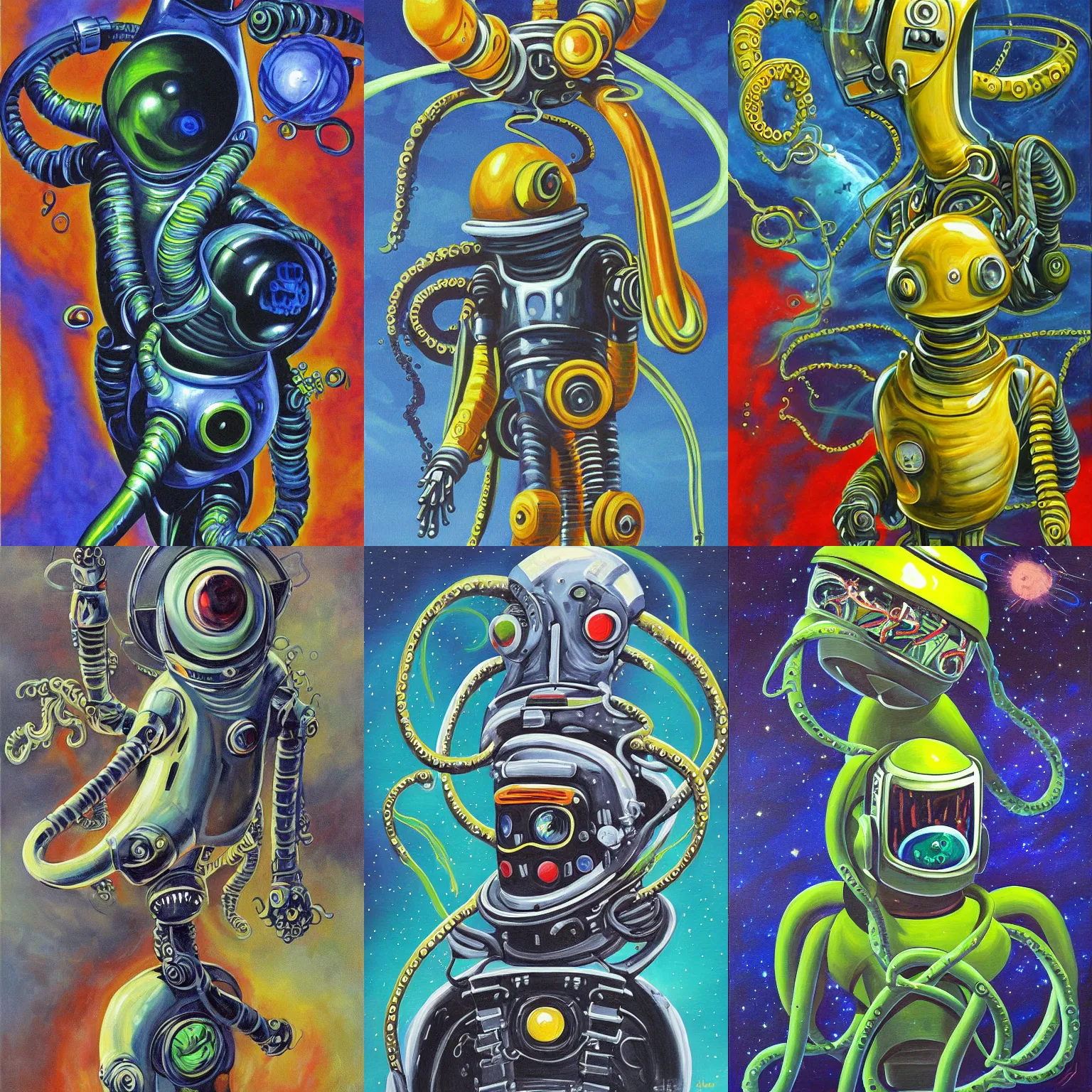 Prompt: spaceman, tentacle alien, robot, painting by howard brown