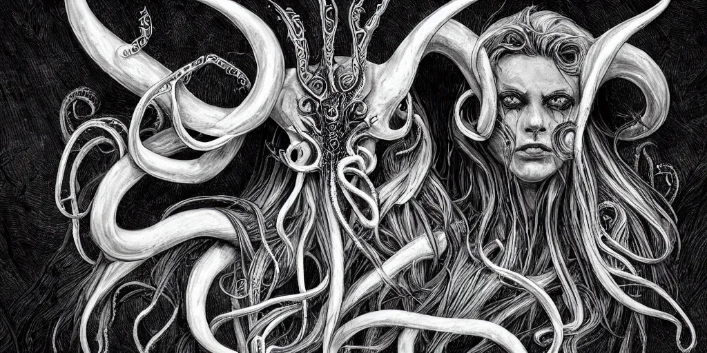 Prompt: highly detailed symetric black and white photography of a face with pointed horns and tentacles, beautiful, dark, art by durero, illustration