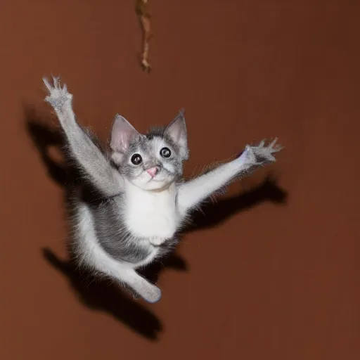 Image similar to bat kitten is flying in living room, photo taken by nikon, very detailed, 4k