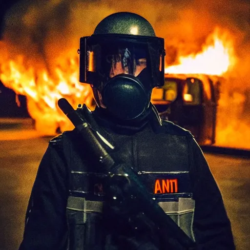 Prompt: portrait of a anti-riot policeman on fire , front, centered, riot background, at night, mid shot , editorial photography