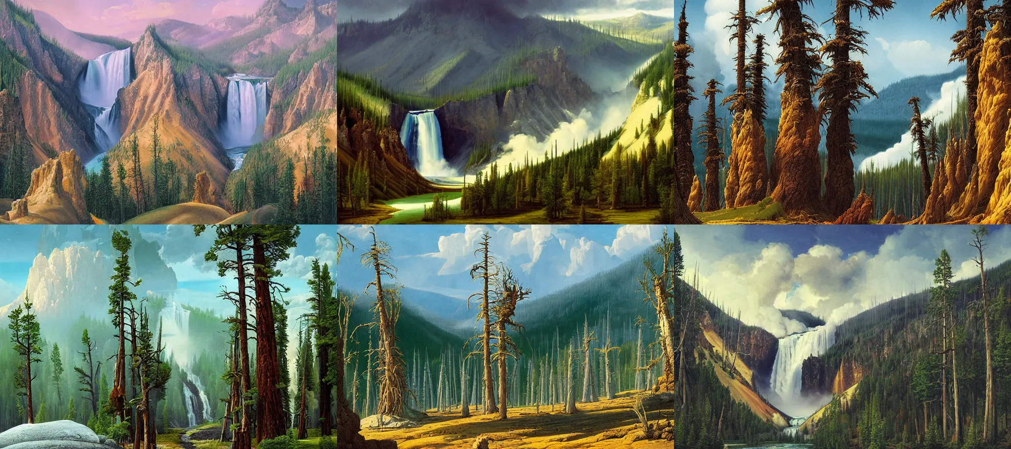 Prompt: A Yellowstone forest landscape in the style of Dr. Seuss, starships, painting by Raphael Lacoste