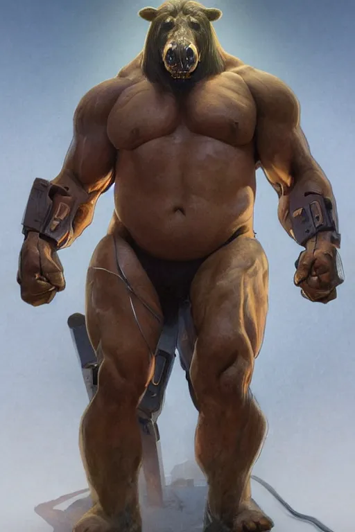 Image similar to portrait of hulking anthro horse whose physique is bursting with muscle wearing a tactical bodysuit, glowing tubes inserted into flesh, test subject, full body, sci - fi, highly detailed, digital painting, artstation, concept art, sharp focus, illustration, art by artgerm and greg rutkowski and alphonse mucha