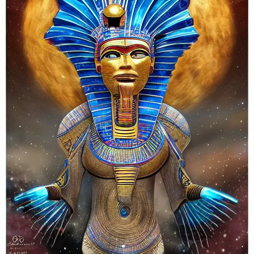 Prompt: The Annunaki have returned to Egypt wearing space suits that look like Egyptian pharoah head-dresses and breathing hoses that look like elephant trunks - alien-looking, cyborg, detailed, photo-realism