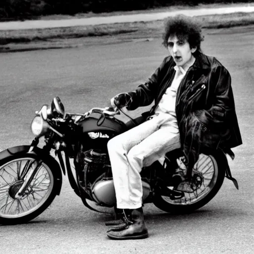 Prompt: bob dylan on a motorbike with his guitar