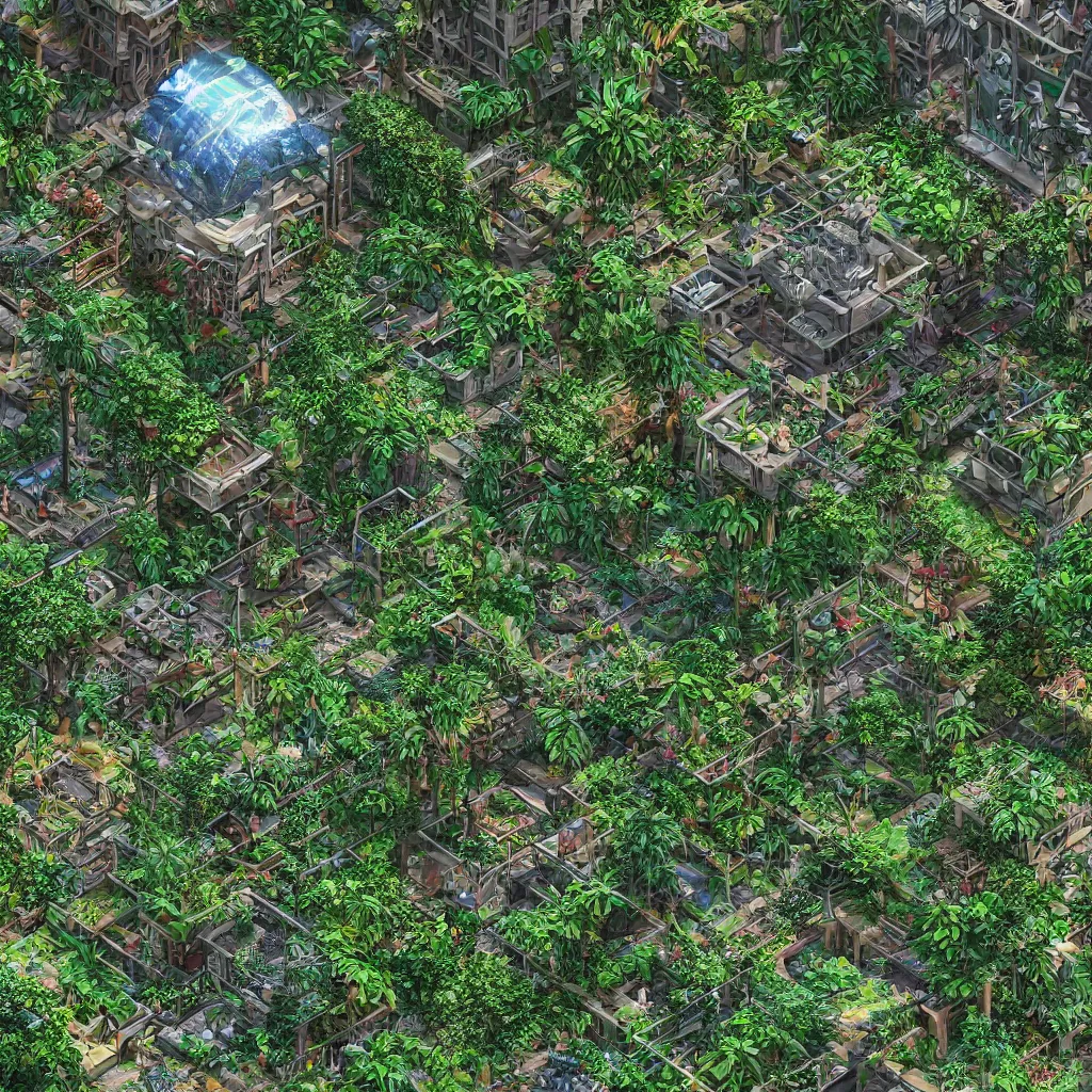 Prompt: Isometric photorealistic render of a solarpunk jungle, 4K PBS rendering