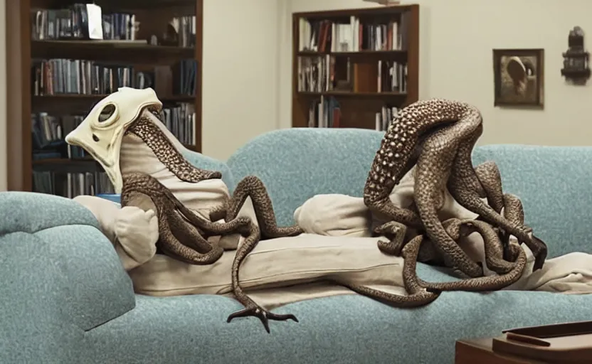 Prompt: an ocotopus waiting on the couch for the psychiatrist to come in, still from the movie her