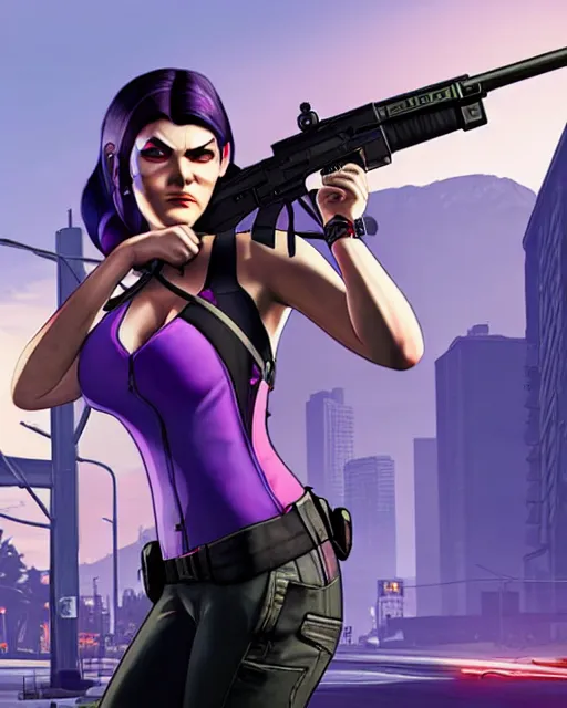 Image similar to gta 5, grand theft auto 5 cover art of widowmaker from overwatch