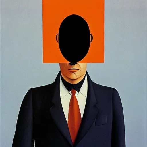 Image similar to portrait of a man in a suit with an orange in front of his face, full body shot, painting by rene magritte, high detail, high resolution
