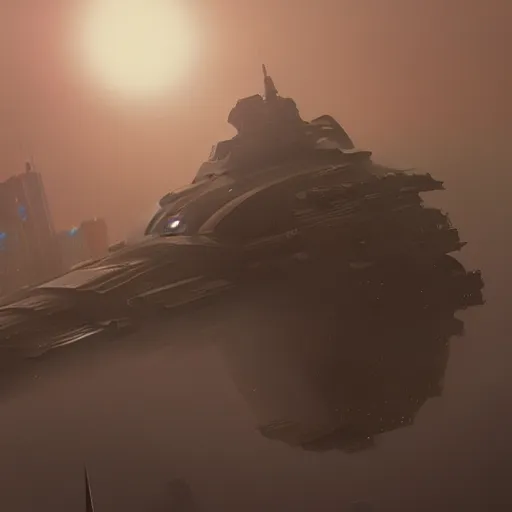 Image similar to giant futuristic cyberpunk spacecraft, blade runner, dense fog, bloom, cinematic lighting, ultra detailed, trending on artstation, dune style, denis villeneuve