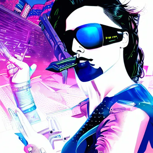 Prompt: hyper detailed illustration of a cyberpunk Gal Gadot wearing a futuristic sunglasses and a gorpcore jacket, markings on his face, by Patrick Nagel, intricate details, vibrant, solid background, low angle fish eye lens