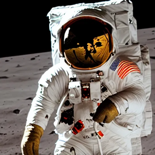 Image similar to a bunny!! astronaut! in a golden spacesuit standing on the moon. zeiss lens, 5 0 mm, dynamic pose, action pose