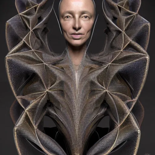 Prompt: dmt elf portrait by zaha hadid, iris van herpen and rick owens. highly detailed, hyper - real, very beautiful, intricate fractal details, very complex, opulent, epic, mysterious, polished, futuristic design, trending on deviantart and artstation