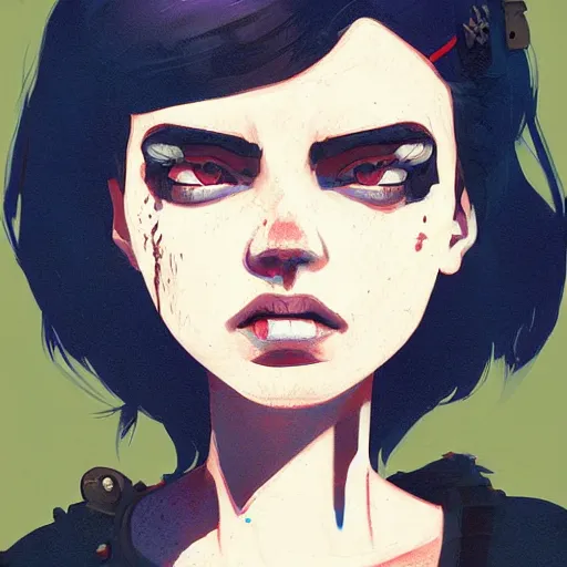 Image similar to Highly detailed portrait of a punk zombie young lady by Atey Ghailan, by Loish, by Bryan Lee O'Malley, by Cliff Chiang, ((dark blue moody background))