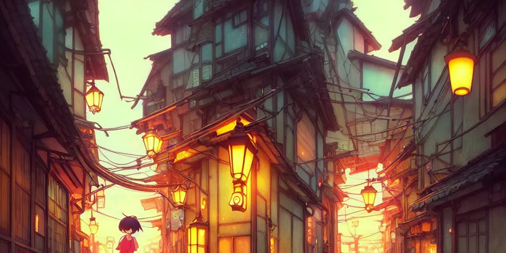 Image similar to the girl and the alley. anime, cozy village, at night after rain, clear night sky, lanterns. by hayao miyazaki and rossdraws and artgerm and greg rutkowski and alphonse mucha. anime production by studio ghibli. high quality, stunning, intricate detailed environment. 8 k