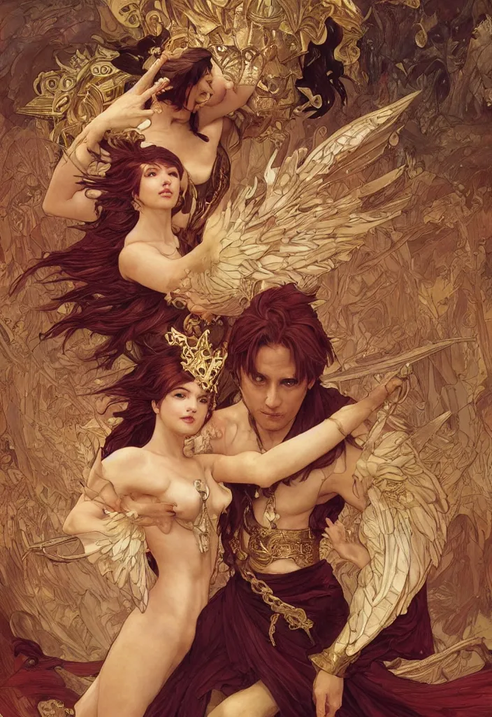 Prompt: Demon King dances with the angel queen, highly detailed, digital painting, artstation, concept art, smooth, sharp focus, illustration, ArtStation, art by artgerm and greg rutkowski and alphonse mucha and J. C. Leyendecker and Edmund Blair Leighton and Katsuhiro Otomo and Geof Darrow and Phil hale and Ashley wood and Ilya repin and Charlie Bowater and Tom Bagshaw