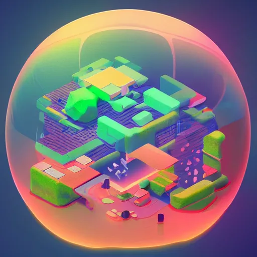 Image similar to isometric half sphere island on neon background, isometric invironment, 3d art, isometric art, high detail, artstation, concept art, behance, ray tracing, smooth, sharp focus, ethereal lighting