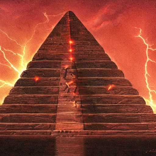 Prompt: Helios muscular god, red fire eyes, guarding the pyramid of Cheops, dessert, ancient world, realistic, god, dramatic lightning, very detailed, concept art,