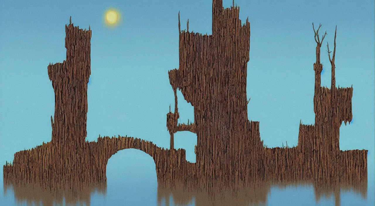 Image similar to single flooded simple wooden tower, very coherent and colorful high contrast!! masterpiece by roger dean, minimalist, dark shadows, sunny day, hard lighting