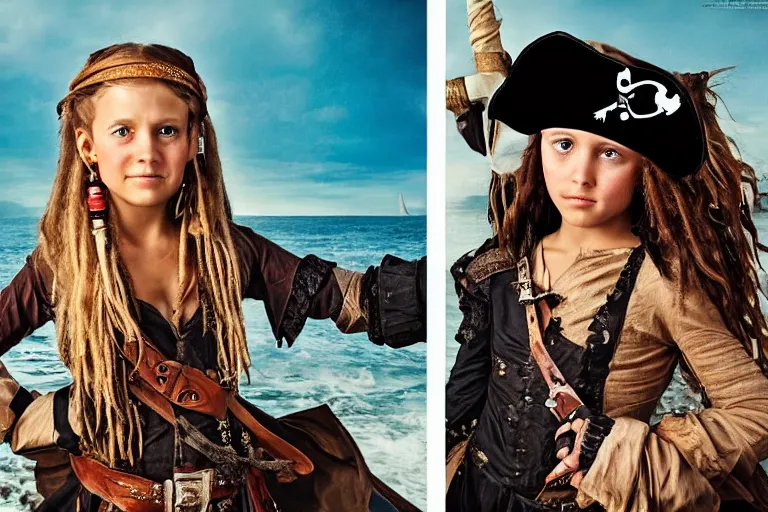 Image similar to a swashbuckling girl pirate portrait in national geographic, her clothing is sheer and futuristic