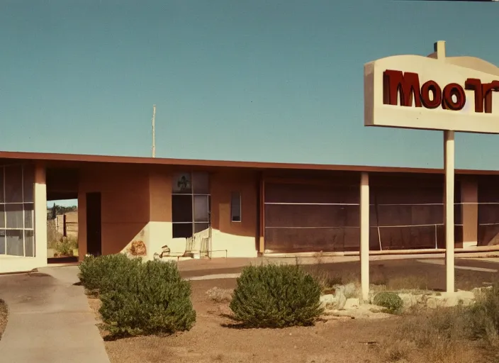 Image similar to a midcentury modern motel in santa fe new mexico in the year 1 9 6 7