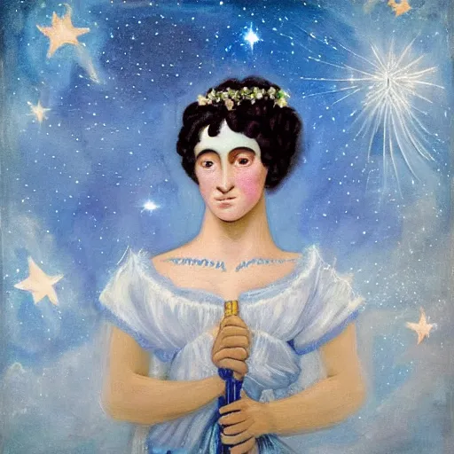 Image similar to The body art features a woman with wings made of stars, surrounded by a blue and white night sky. The woman is holding a staff in one hand, and a star in the other. She is wearing a billowing white dress, and her hair is blowing in the wind. Pride & Prejudice, papaya whip by Pamela Coleman Smith ordered, a e s t h e t i c