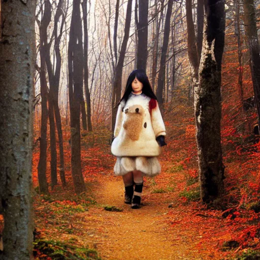 Image similar to lone girl dressed in bear skin, walks in autumn forest, by Kentaro Miura