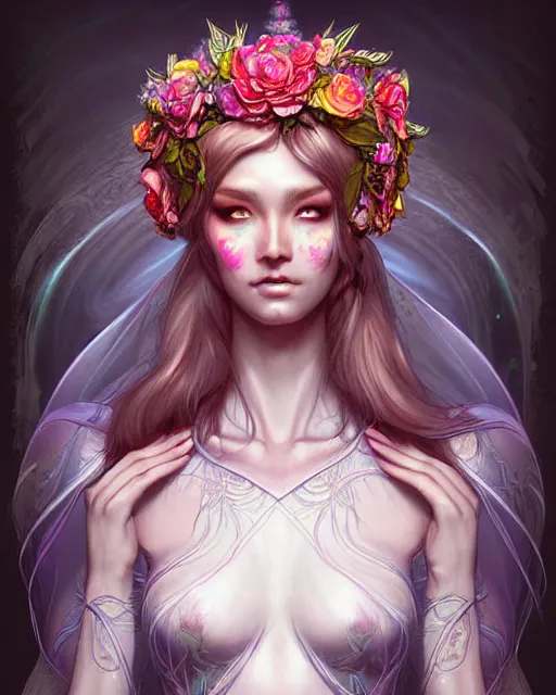 Image similar to digital art, centered full body elven bride with short hair, vivid flower crown ,intricate, veins, by James Jean and by artgerm, by ross tran , ultradetailed, charachter design, concept art, trending on artstation,