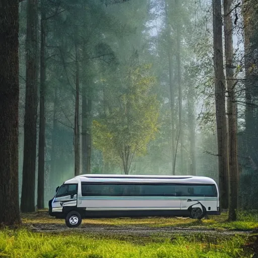 Image similar to very creative livery on big commercial bus in misty forest scene, the sun shining through the trees