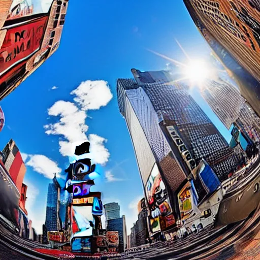 Image similar to sole of a boot about to step down, worms view, looking up, times square, sun spot, fisheye, hyperrealistic