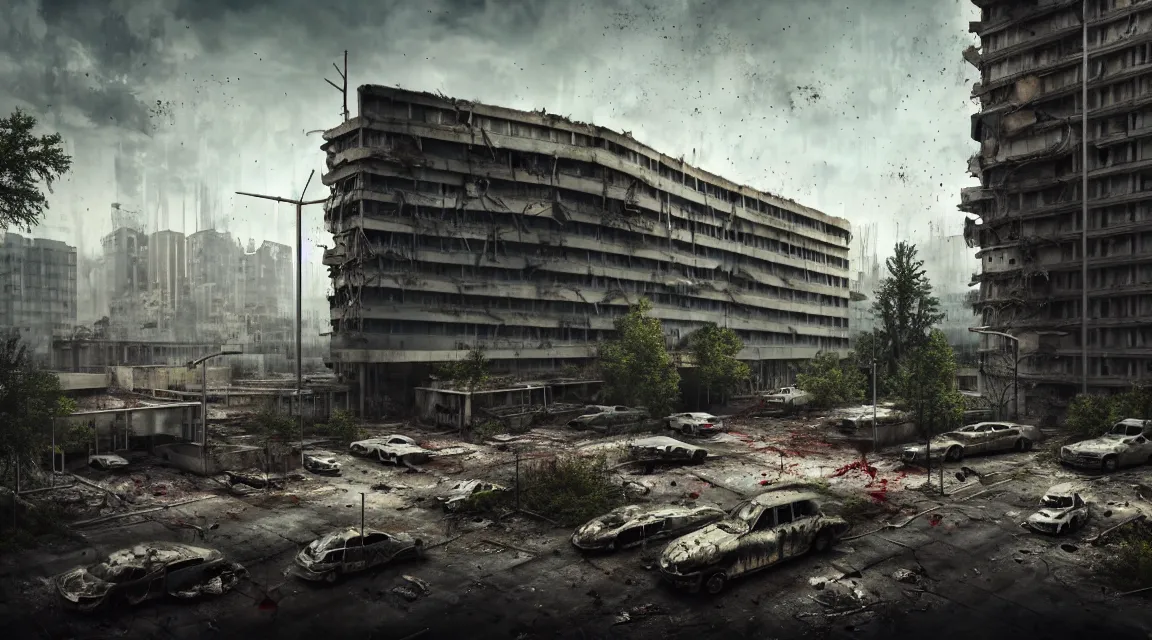 Image similar to post apocalyptic hospital building, people fighting, morning, building, avenue, modern contemporary urban americana concrete architecture, by pascal blanche, neil blevins, apocalyptic color palette, trending on artstation, photorealistic, wilderness ambiance, ultra detailed, high definition, depth of field, bokeh, rubble, wild vegetation, blood stains, building crumbling