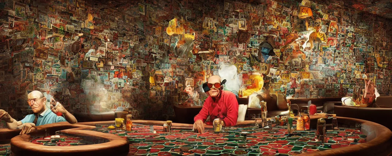 Image similar to hunter s thompson sitting at a 1 9 6 0's poker table in a melting casino with dripping woodtextured walls, by igor morski, by josip csoor, by laurie lipton, rendered in lumion, 8 k resolution, psychedelic lighting, shrooms, muted color scheme, lsd, trending on artstation