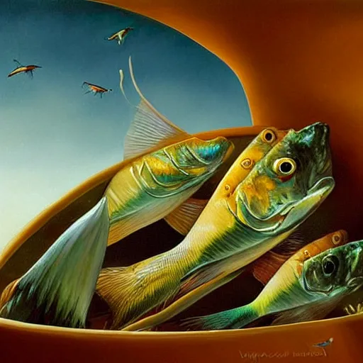 Image similar to a fish on the top of a pile of fish, inside a cooking pot, side view, by vladimir kush, dystopian aer, rococo