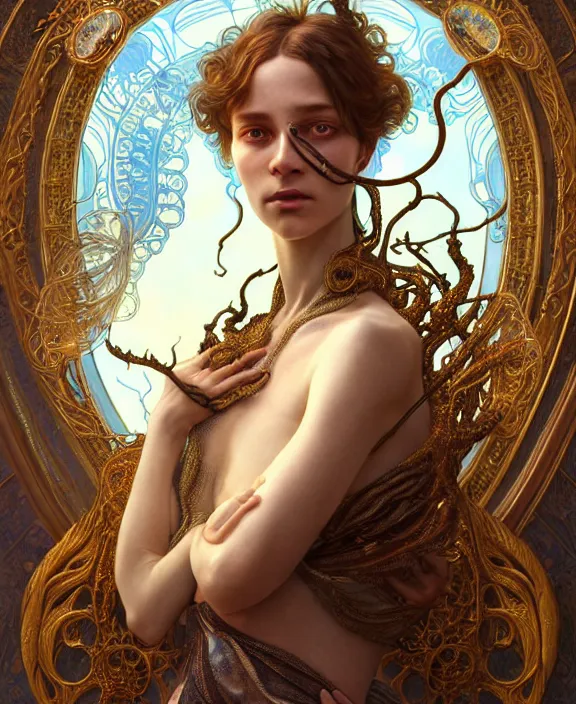 Image similar to intricate ornate opulent transparent clear see - through portrait of a terrifying beautiful alien mollusk, mottled coloring, adorable, childlike, pastoral environment, ultra realistic, concept art, art nouveau, photorealistic, octane render, 8 k, unreal engine. art by christopher marley and artgerm and greg rutkowski and alphonse mucha